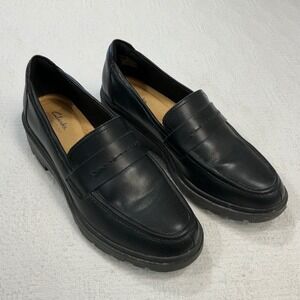 Clarks Collection Womens Black Leather Penny Loafer Lug Sole 26167884075 Size 10